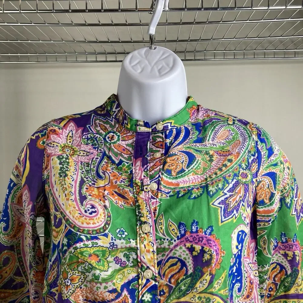 Ralph Lauren‎ Girls Green Purple Paisley Popover Shirt Size 10 Preppy Old Money